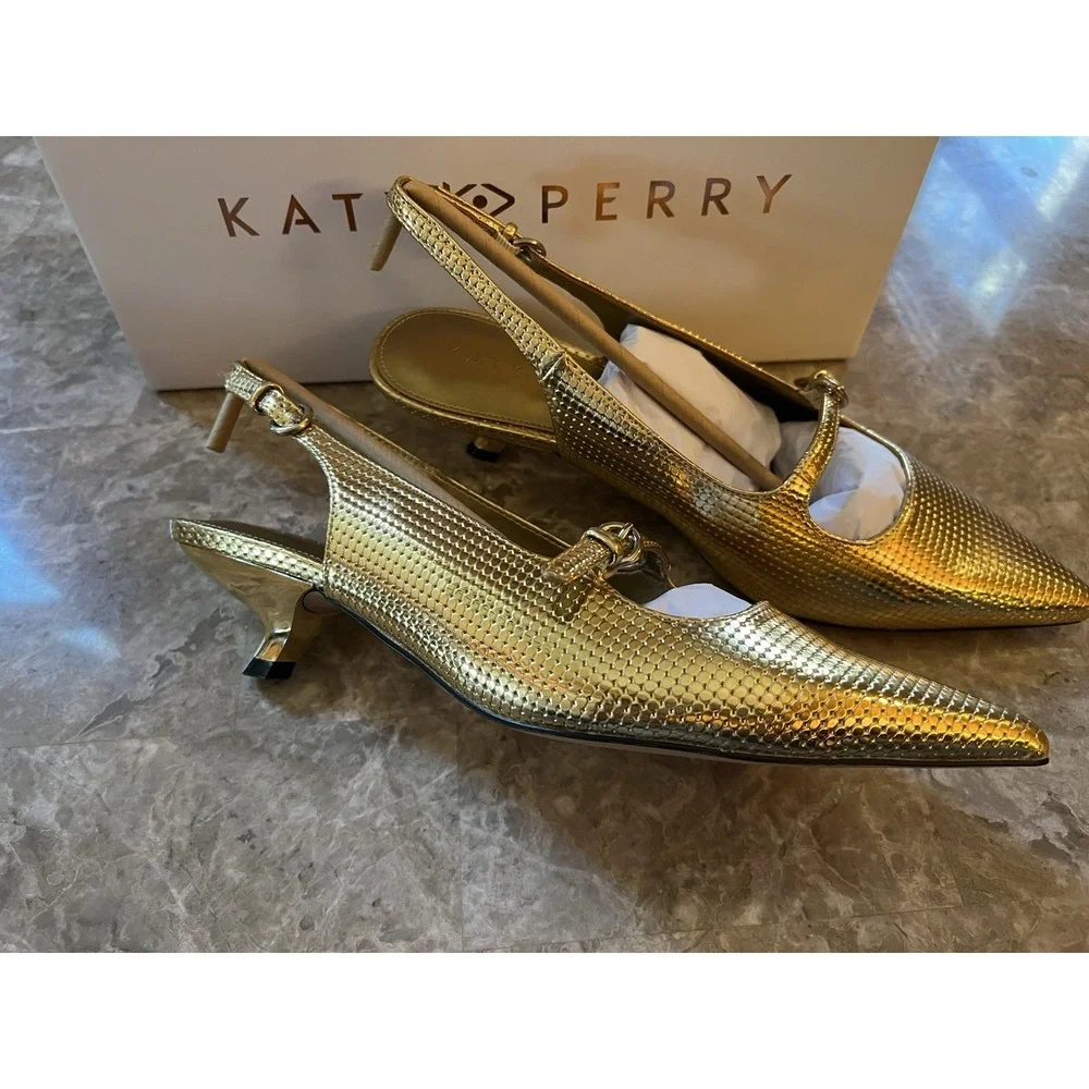 Katy Perry Micro Kitten Heel Sling Back Gold Women's Size 9 NEW Casual Buckle ..